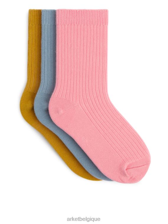 ARKET chaussettes en tricot côtelé, 3 paires enfants rose/moutarde/bleu T46DR1609 vêtements