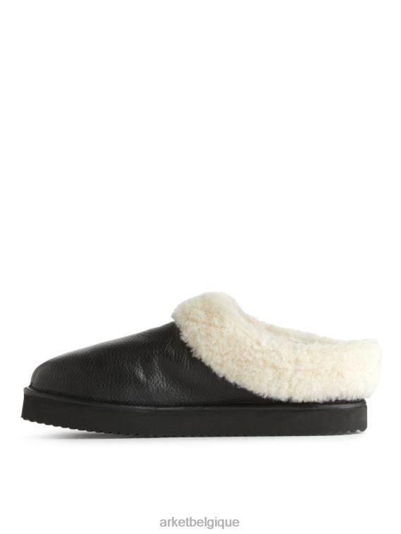 ARKET pantoufles en cuir à poils femmes noir/blanc cassé T46DR524 chaussure