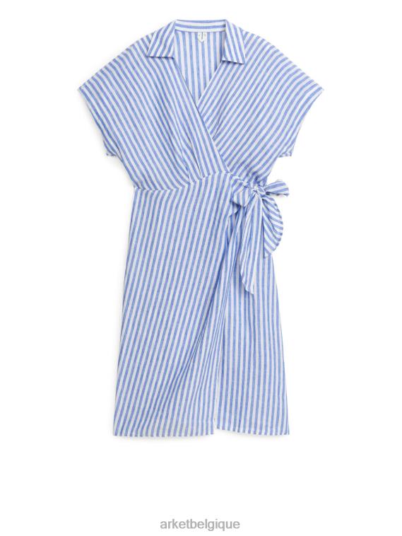 ARKET robe portefeuille mi-longue en lin femmes bleu blanc T46DR117 vêtements